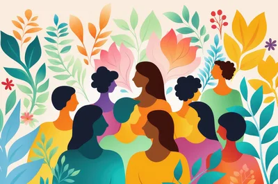 Diverse Group Of People Surrounded By Botanical Elements