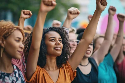 Diverse Group Of People Protesting With Raised Fists