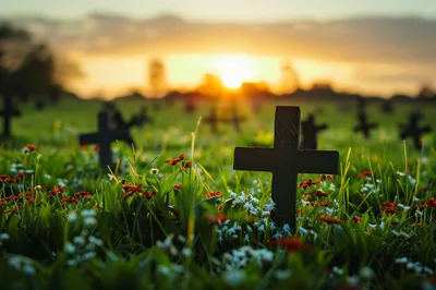 Black Crosses In A Cemetery At Sunset
