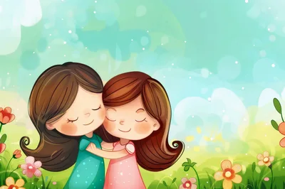 Two Young Girls Hugging In A Sunny Meadow