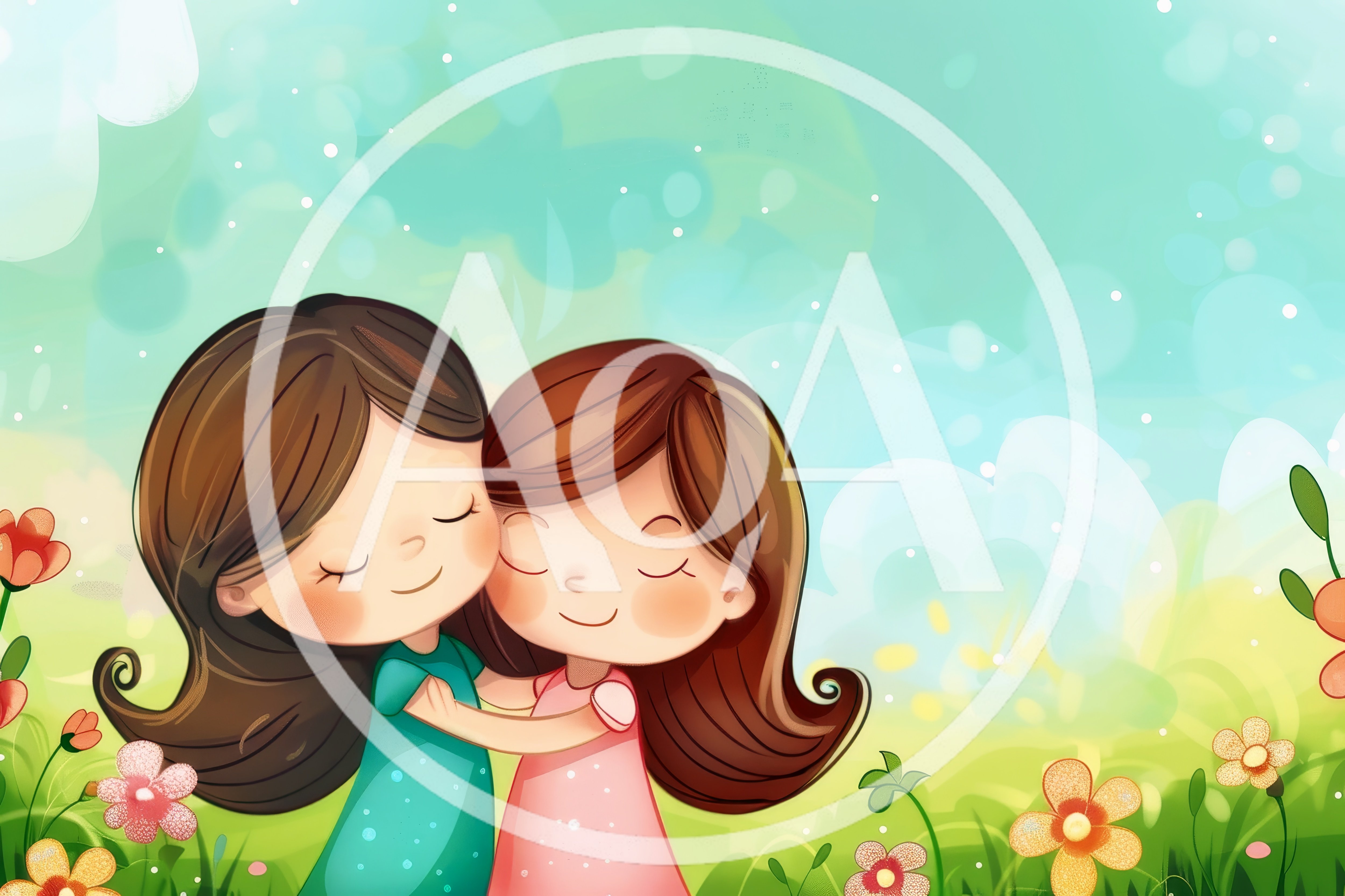 Two Young Girls Hugging In A Sunny Meadow