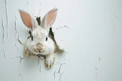 Cute Rabbit Peeking Through A Cracked White Wall