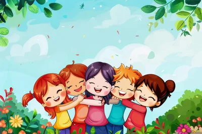 Group Of Happy Children Hugging In A Sunny Garden