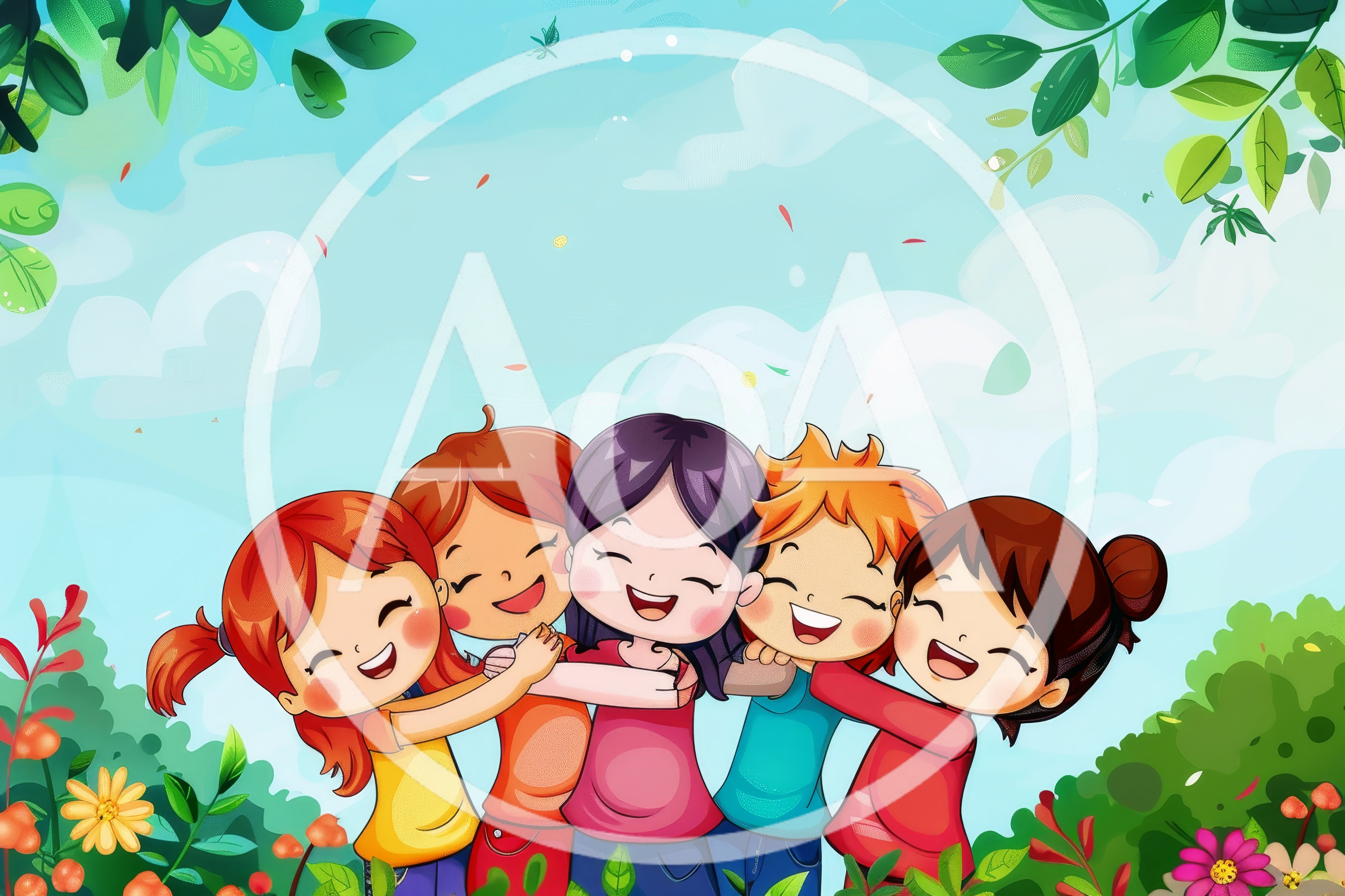 Group Of Happy Children Hugging In A Sunny Garden