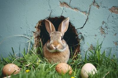 Easter Bunny Emerging From A Burrow In The Grass