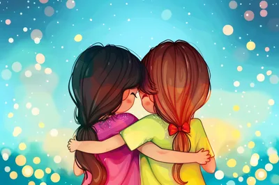 Two Young Girls Embracing In A Digital Illustration