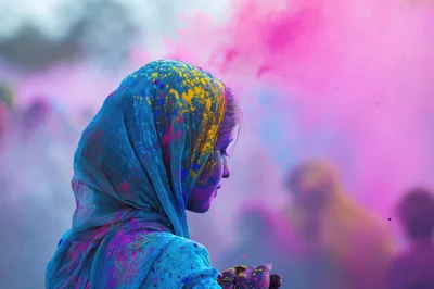 Young Woman Celebrating Holi Festival With Colorful Powder