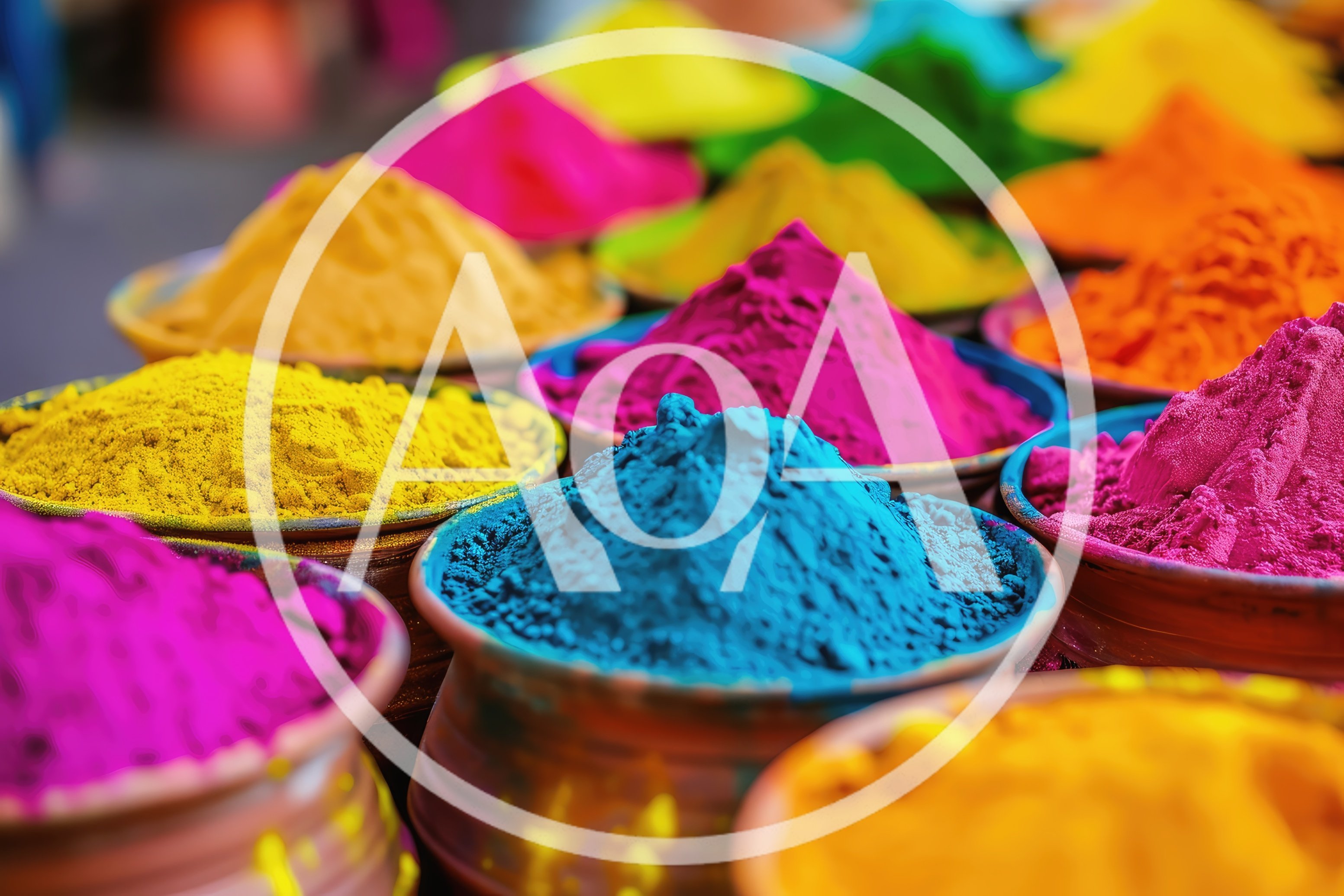 Vibrant Colored Holi Powder Piles in Clay Bowls