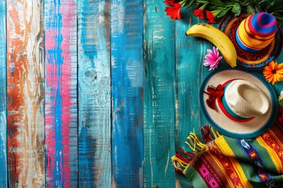 Mexican Themed Flat Lay With Sombreros And Serape