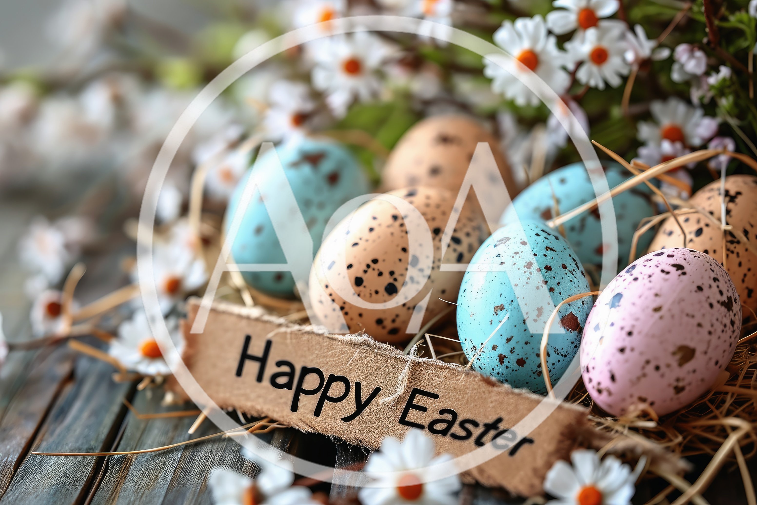 Easter Eggs With Happy Easter Sign And Daisies