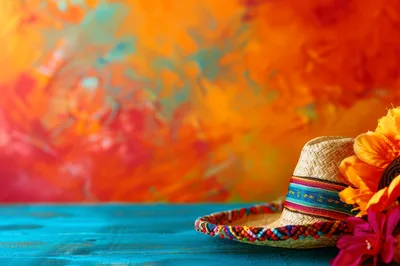 Traditional Mexican Sombrero With Flowers On Blue Table