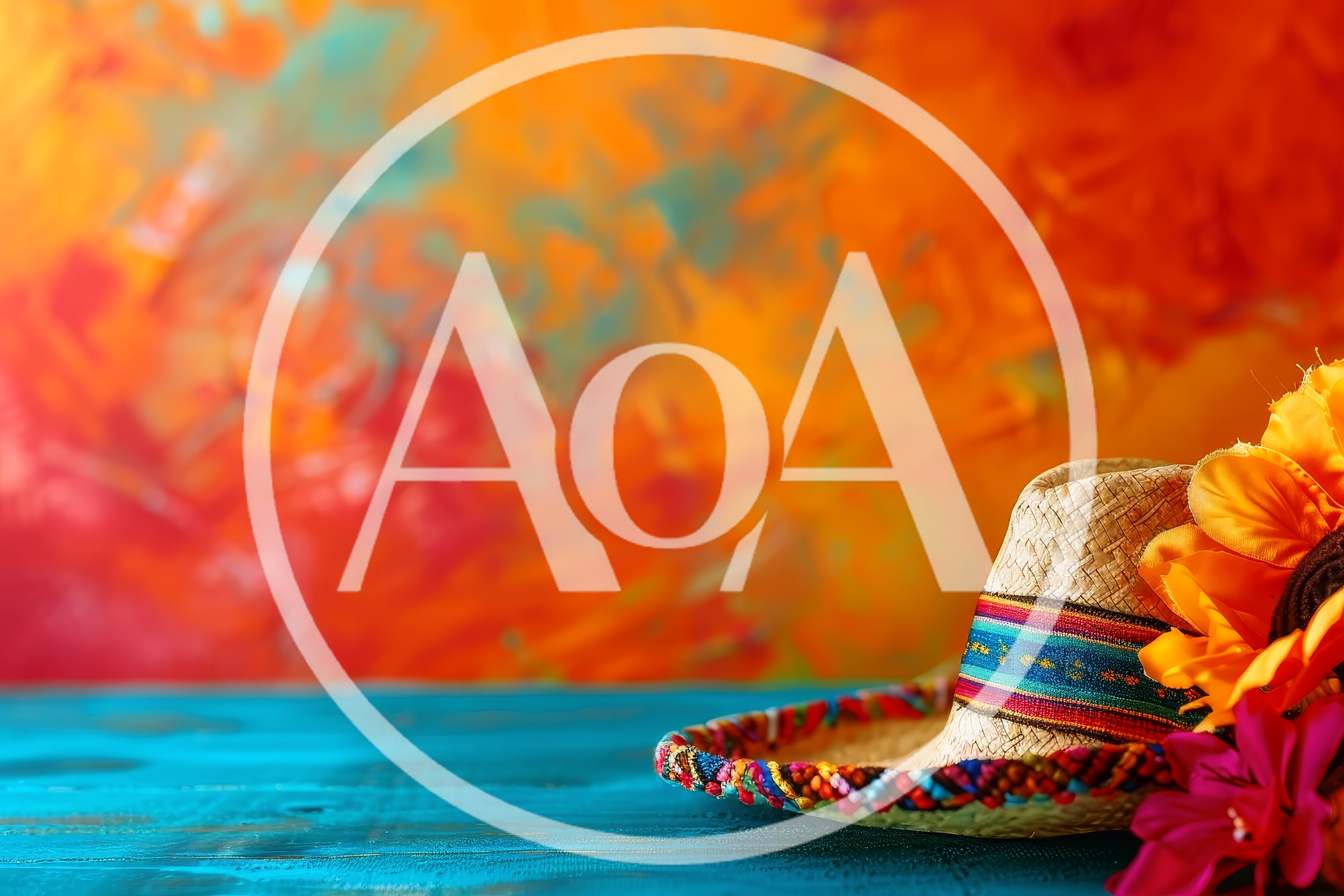 Traditional Mexican Sombrero With Flowers On Blue Table
