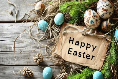 Easter Eggs and Happy Easter Sign on Rustic Wood
