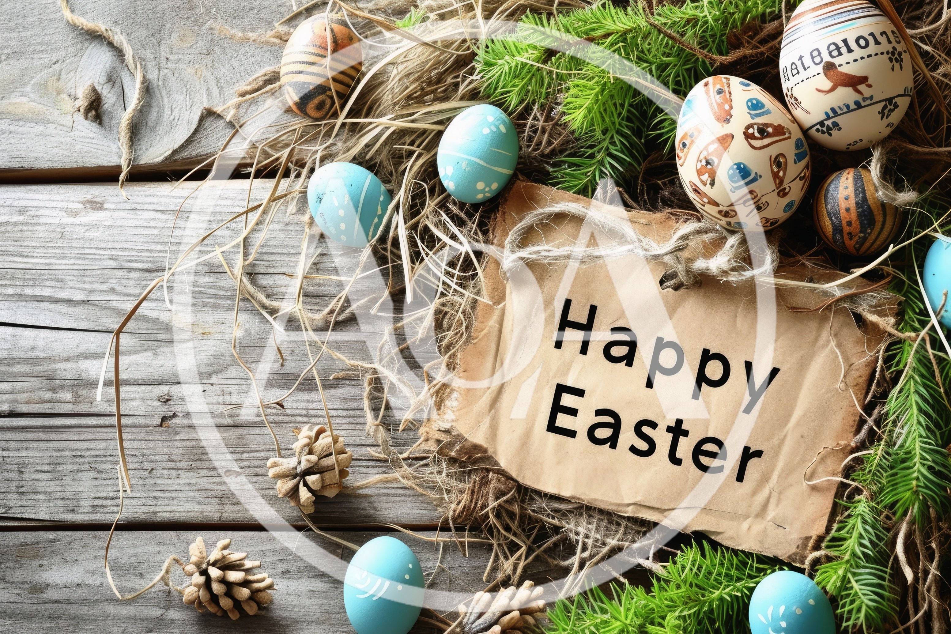 Easter Eggs and Happy Easter Sign on Rustic Wood