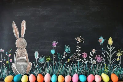 Easter Bunny Chalk Drawing With Colorful Eggs