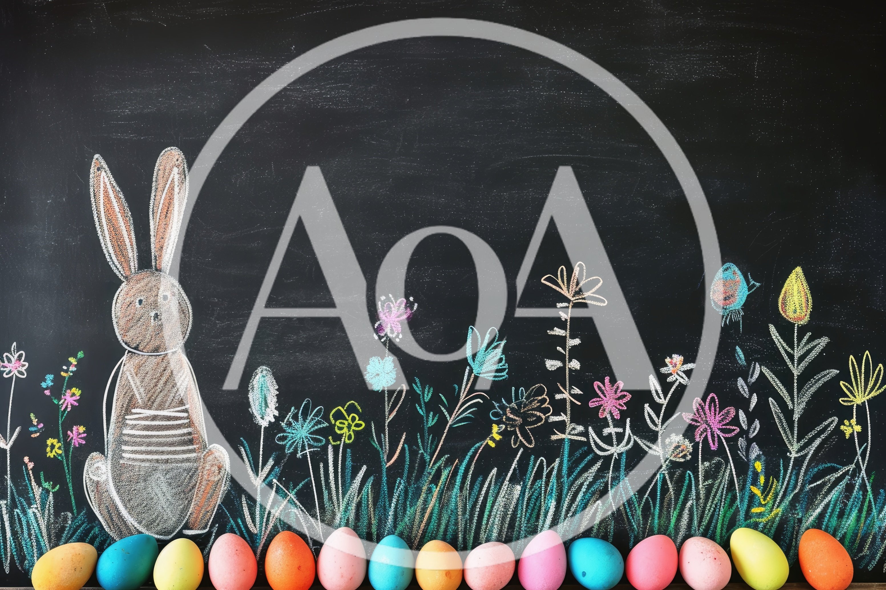 Easter Bunny Chalk Drawing With Colorful Eggs