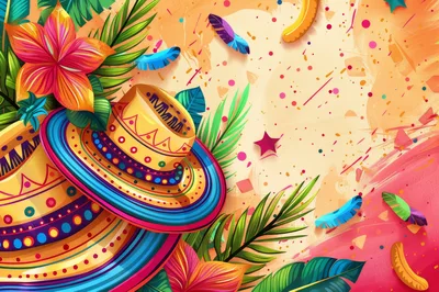 Festive Carnival Background With Sombreros And Tropical Flowers