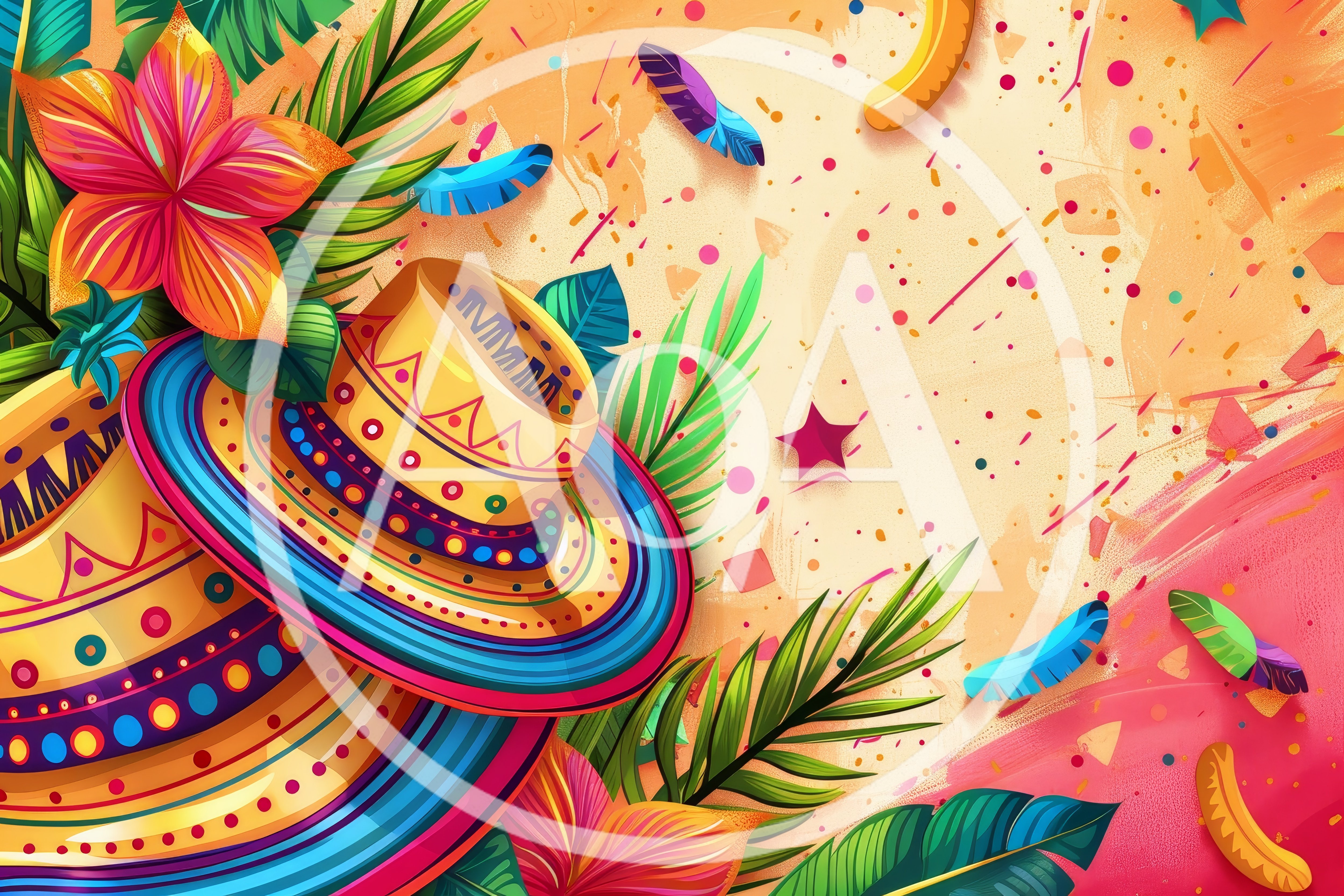 Festive Carnival Background With Sombreros And Tropical Flowers