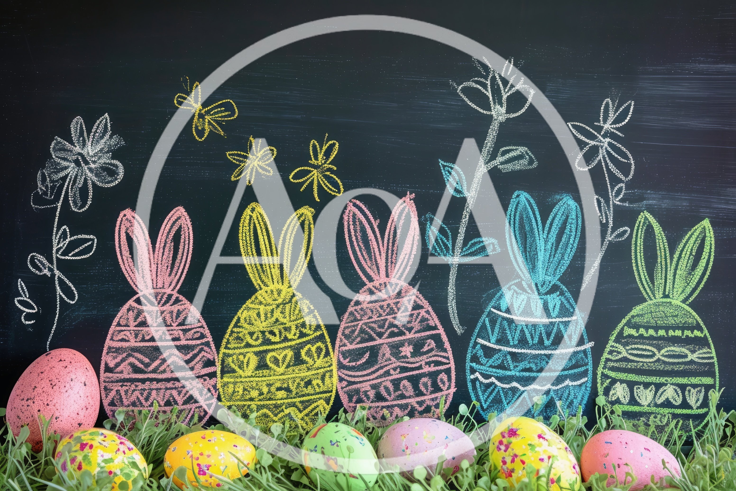 Easter Eggs And Chalk Bunny Drawings On Blackboard