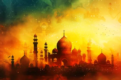 Golden Mosque Silhouette Against Ethereal Sunset Sky