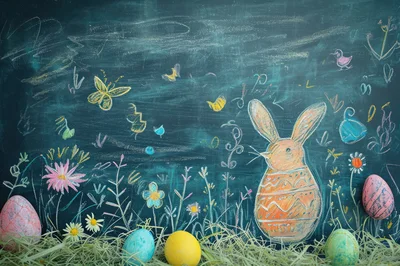 Easter Bunny Chalk Drawing With Colorful Eggs