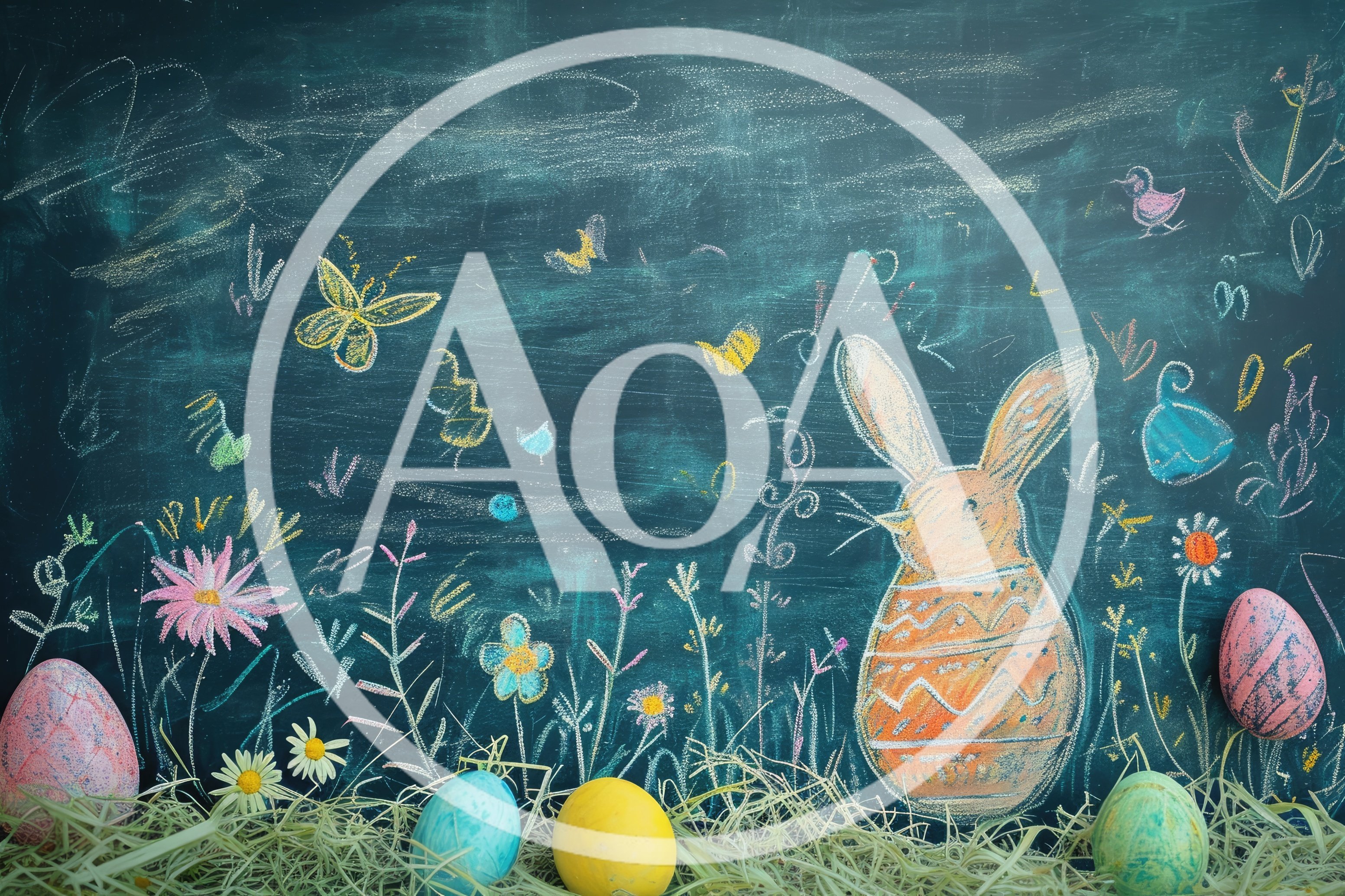 Easter Bunny Chalk Drawing With Colorful Eggs