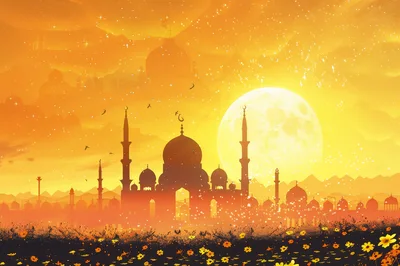 Silhouette of Mosque Against Golden Sunset and Moon