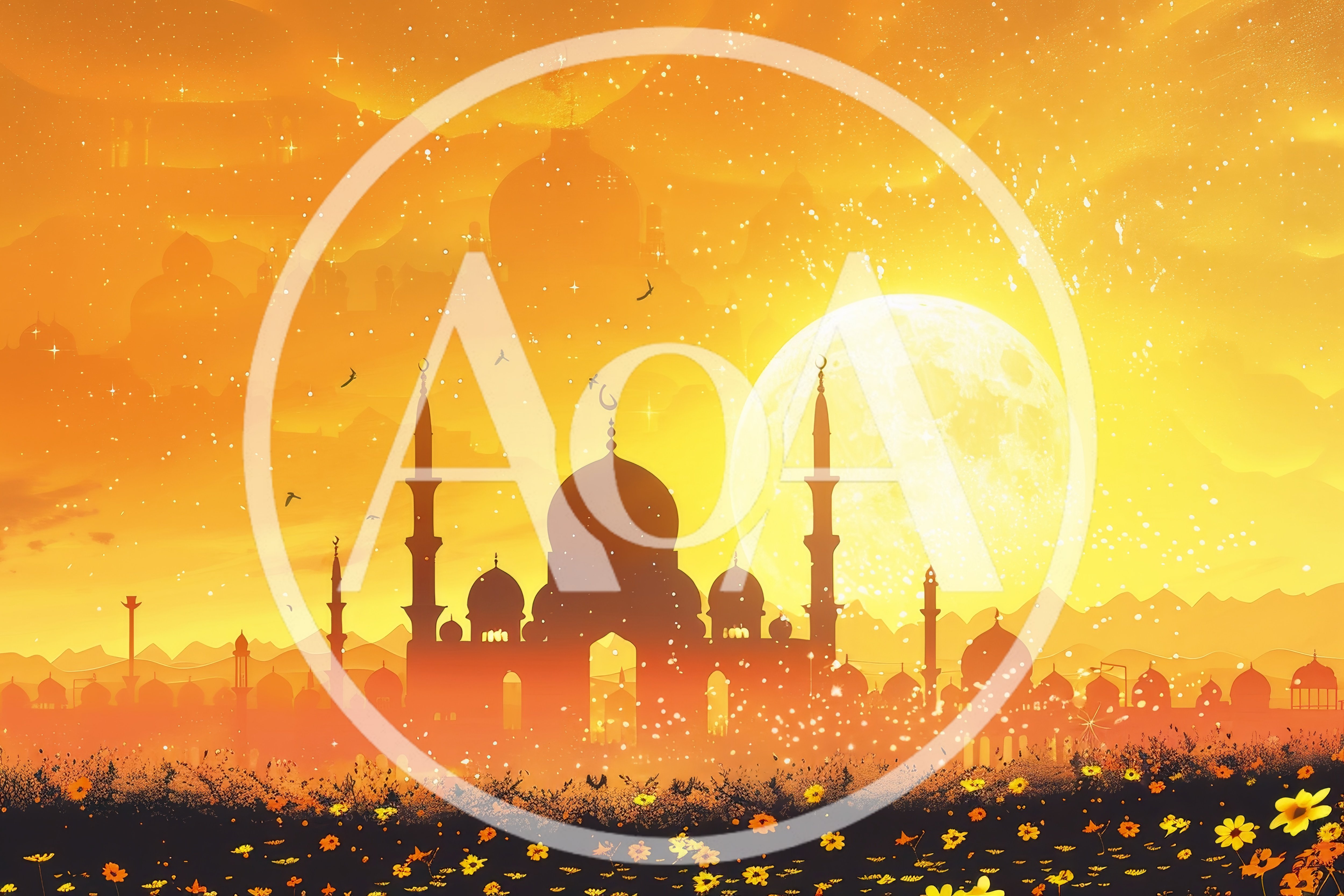 Silhouette of Mosque Against Golden Sunset and Moon