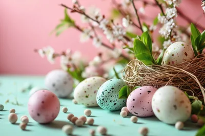 Easter Eggs In A Nest With Spring Flowers