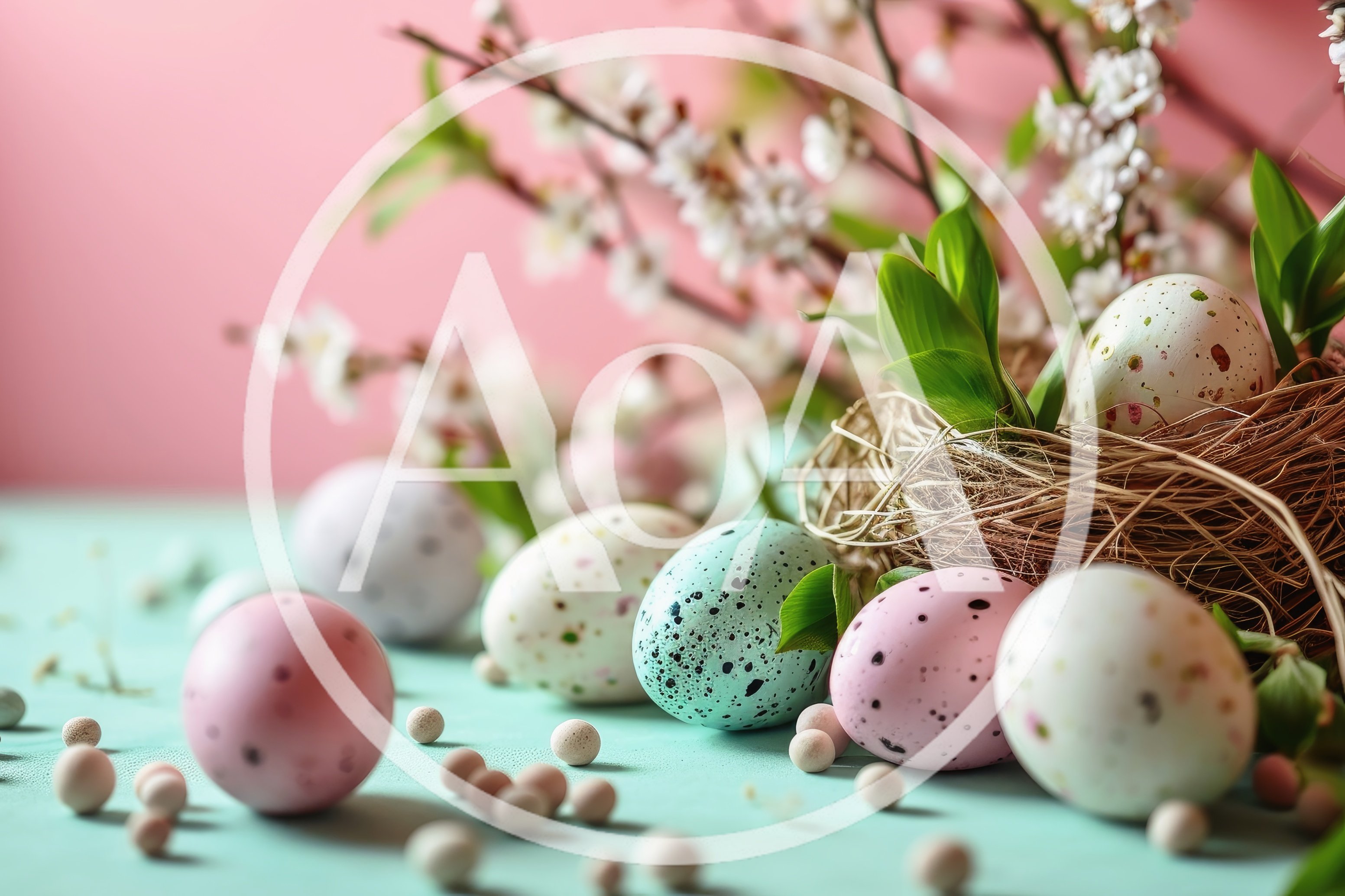 Easter Eggs In A Nest With Spring Flowers