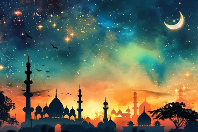 Silhouette Of Mosques Against A Vibrant Starry Night Sky