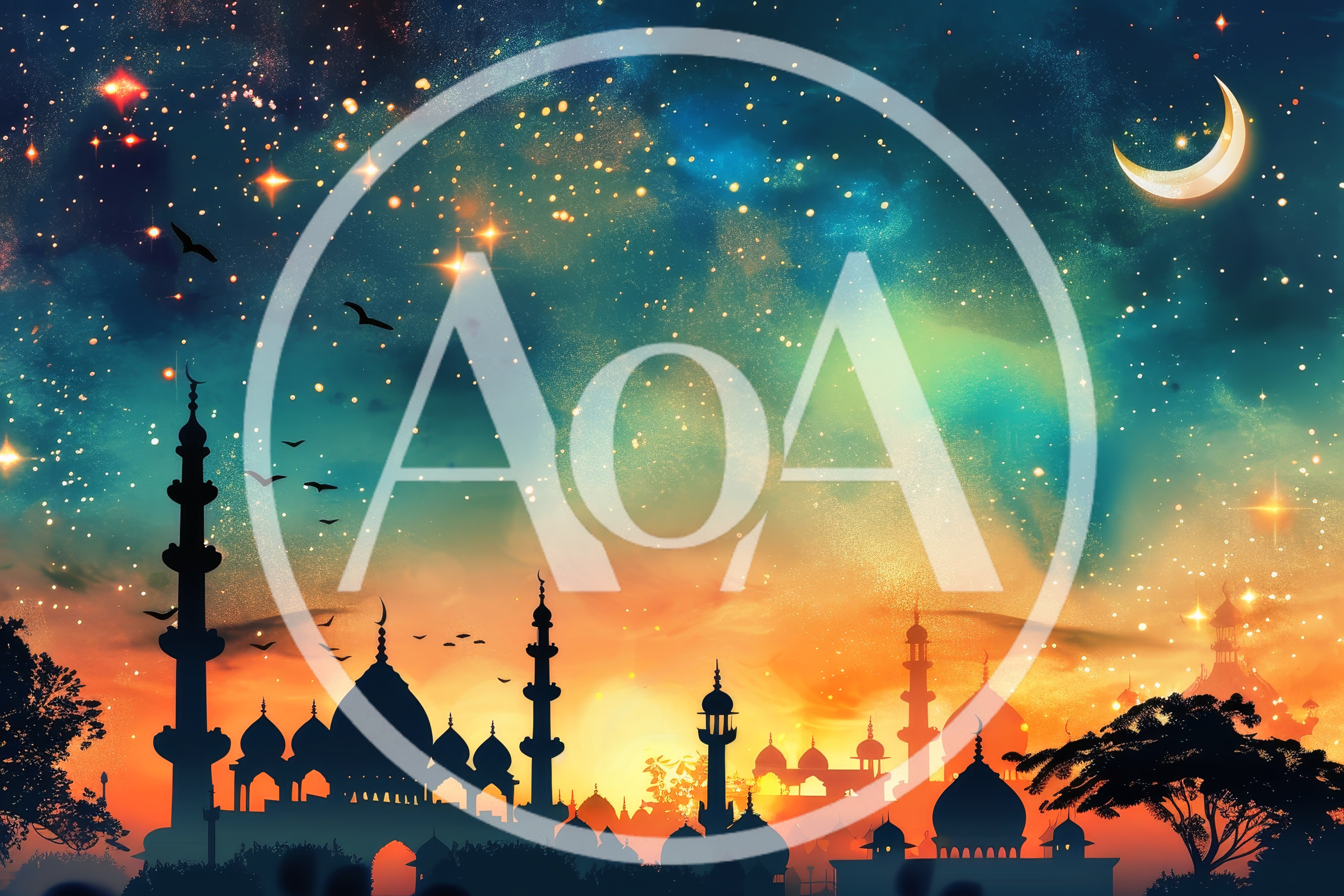 Silhouette Of Mosques Against A Vibrant Starry Night Sky