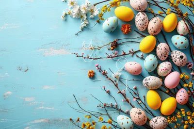 Easter Eggs and Spring Flowers on Blue Wood