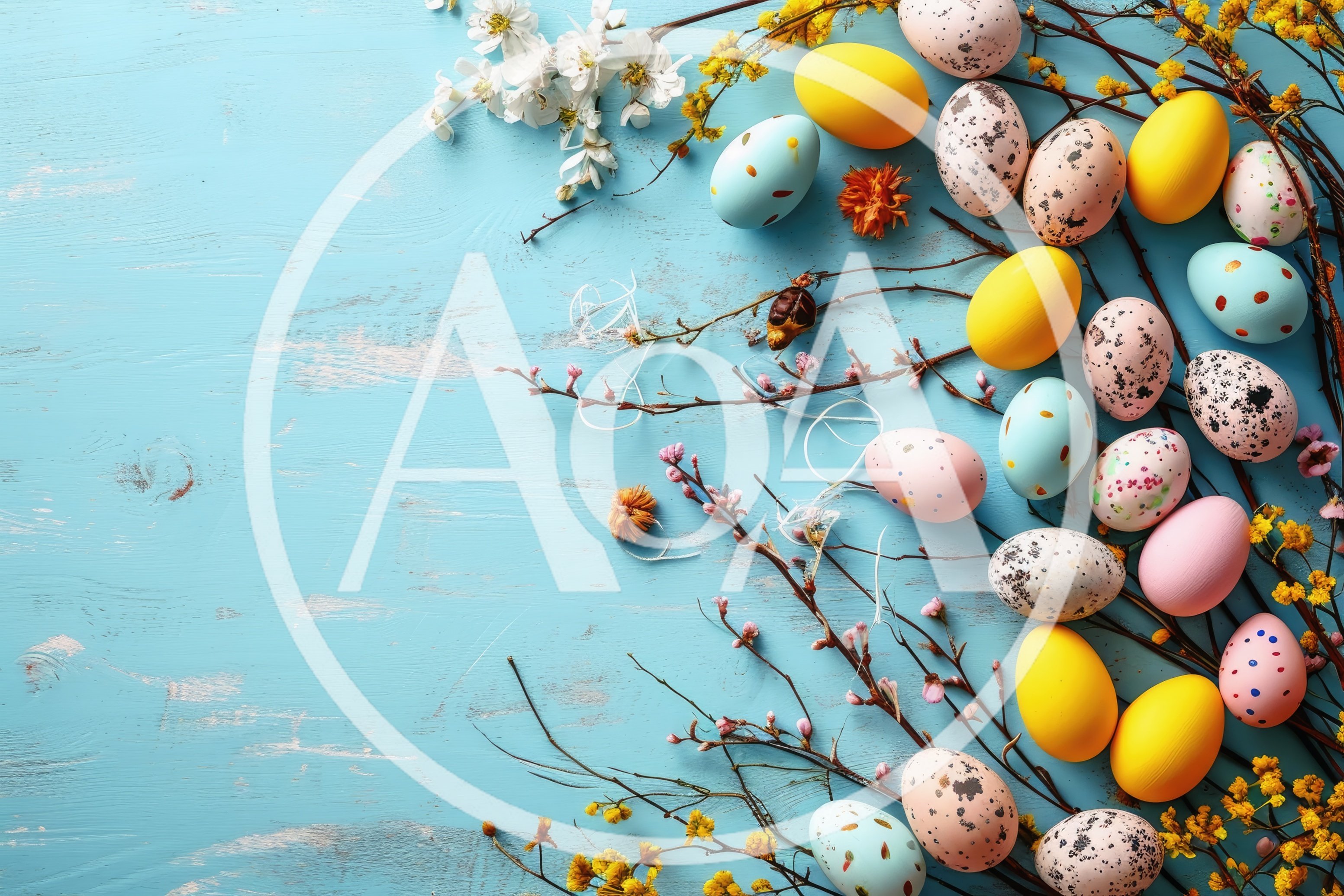 Easter Eggs and Spring Flowers on Blue Wood