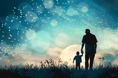 Silhouette of Father and Son Walking at Sunset