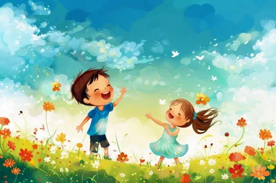 Happy Children Playing in a Sunny Flower Meadow