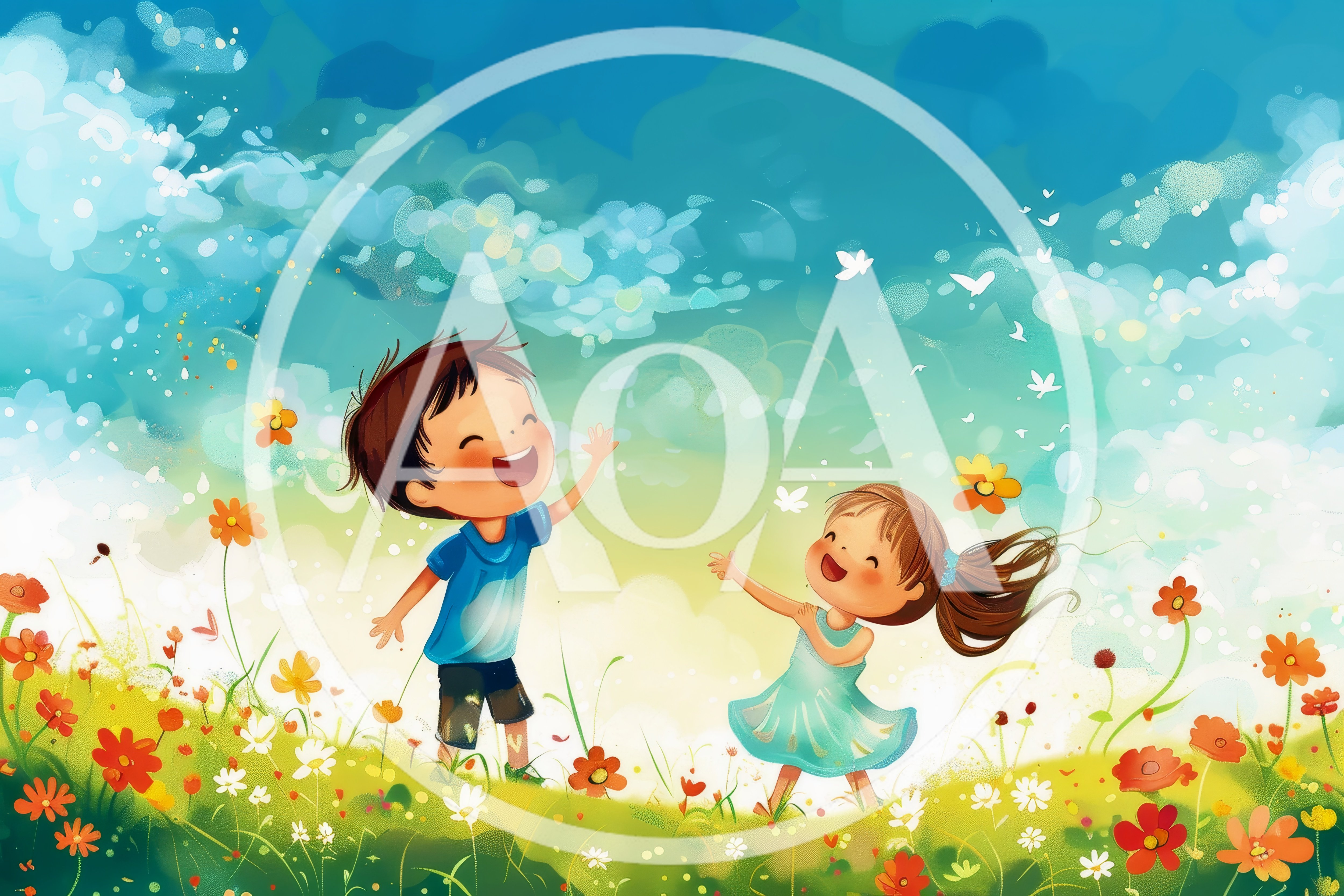 Happy Children Playing in a Sunny Flower Meadow