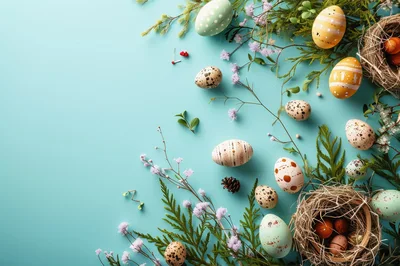 Easter Eggs And Bird Nests On Blue Background