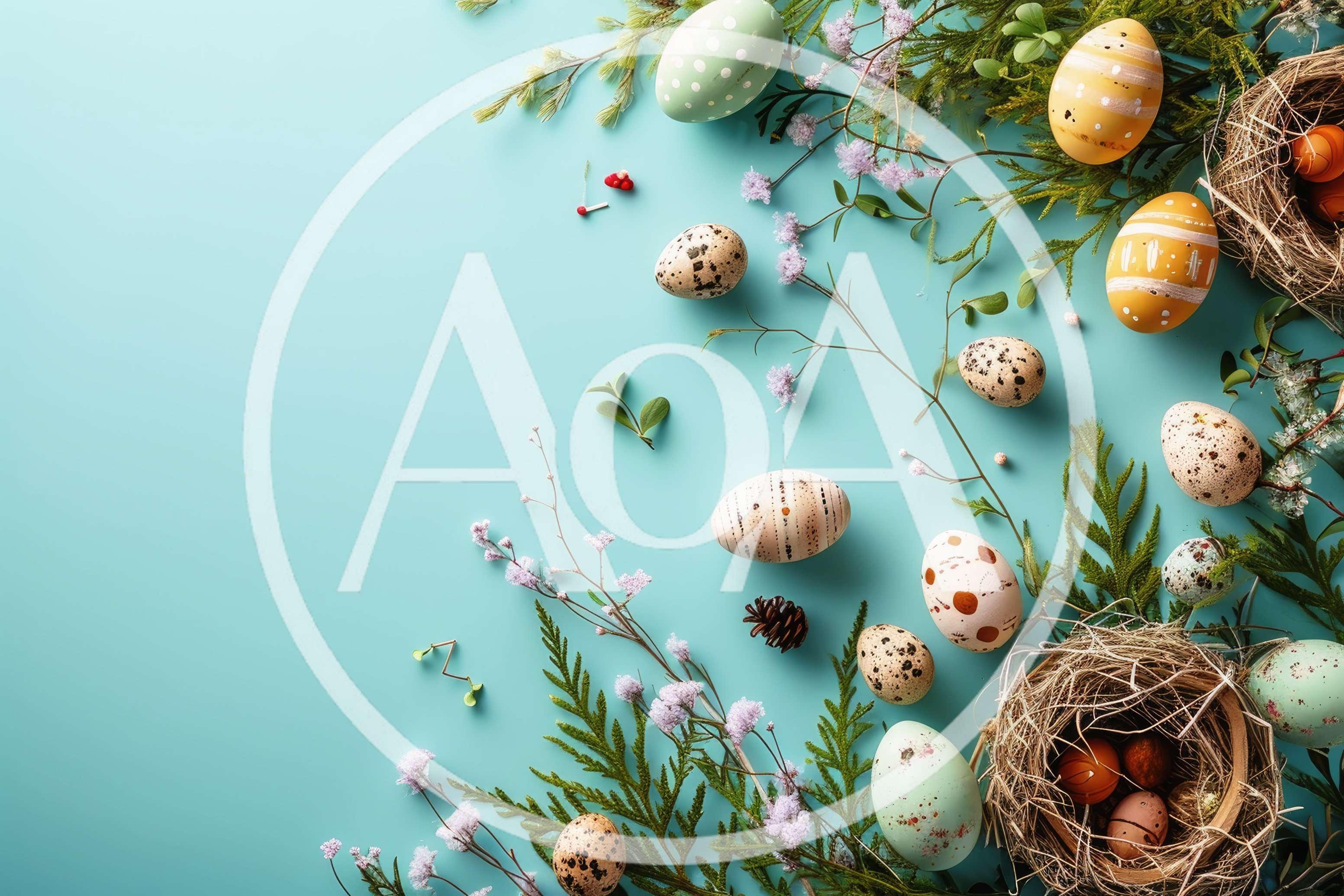 Easter Eggs And Bird Nests On Blue Background