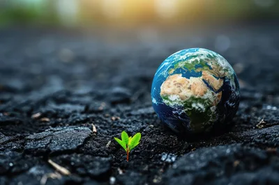 Small Green Plant Growing Beside A Miniature Earth Globe
