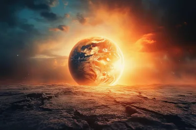 Surreal Earth Planet Rising Over Barren Alien Landscape
