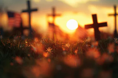 American Flags And Wooden Crosses At Sunset