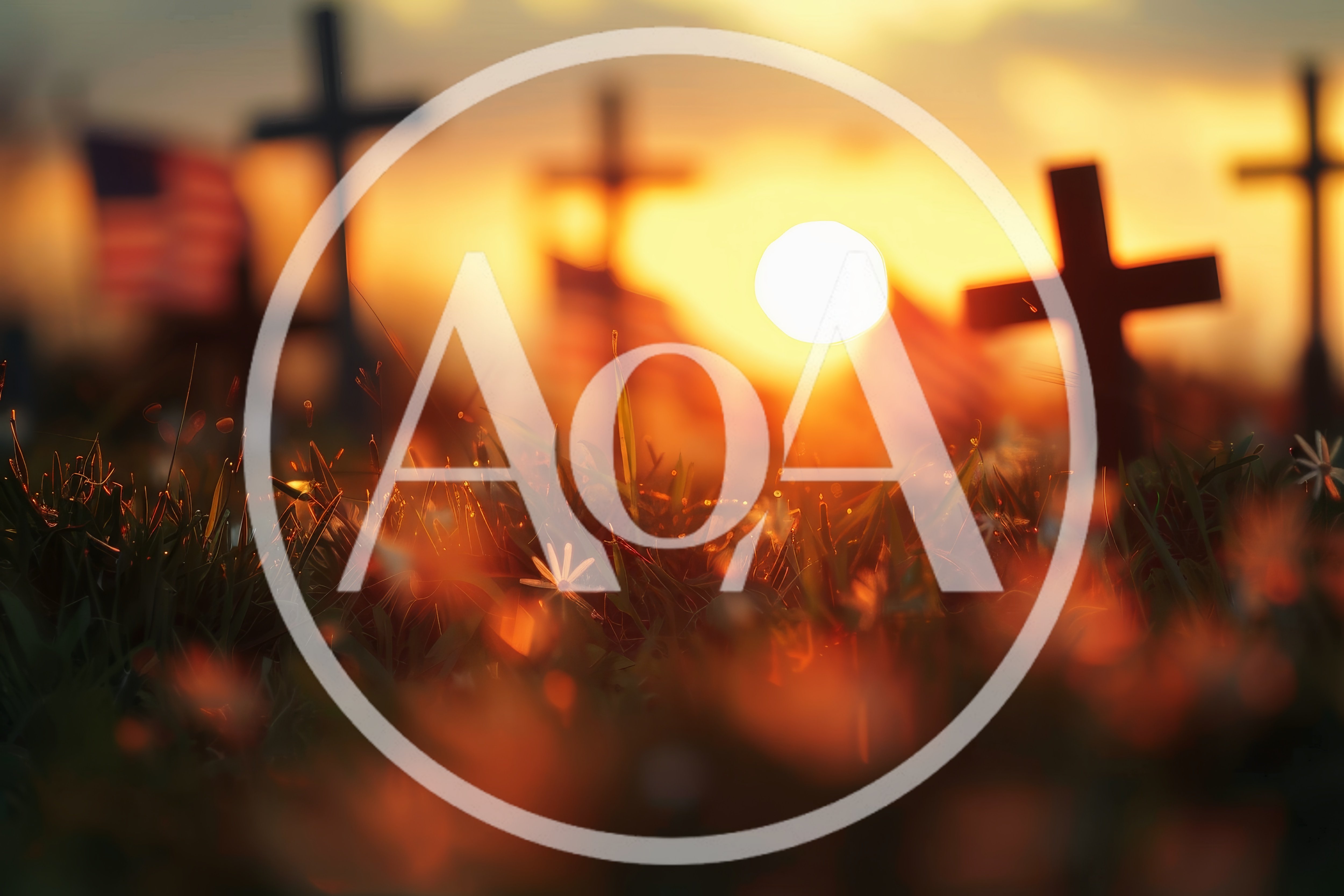 American Flags And Wooden Crosses At Sunset