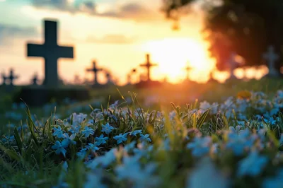 Cemetery Crosses At Sunset With Blue Flowers