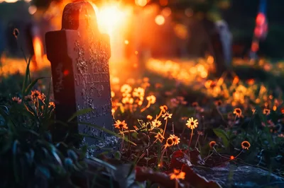 Old Gravestone Surrounded By Wildflowers At Sunset