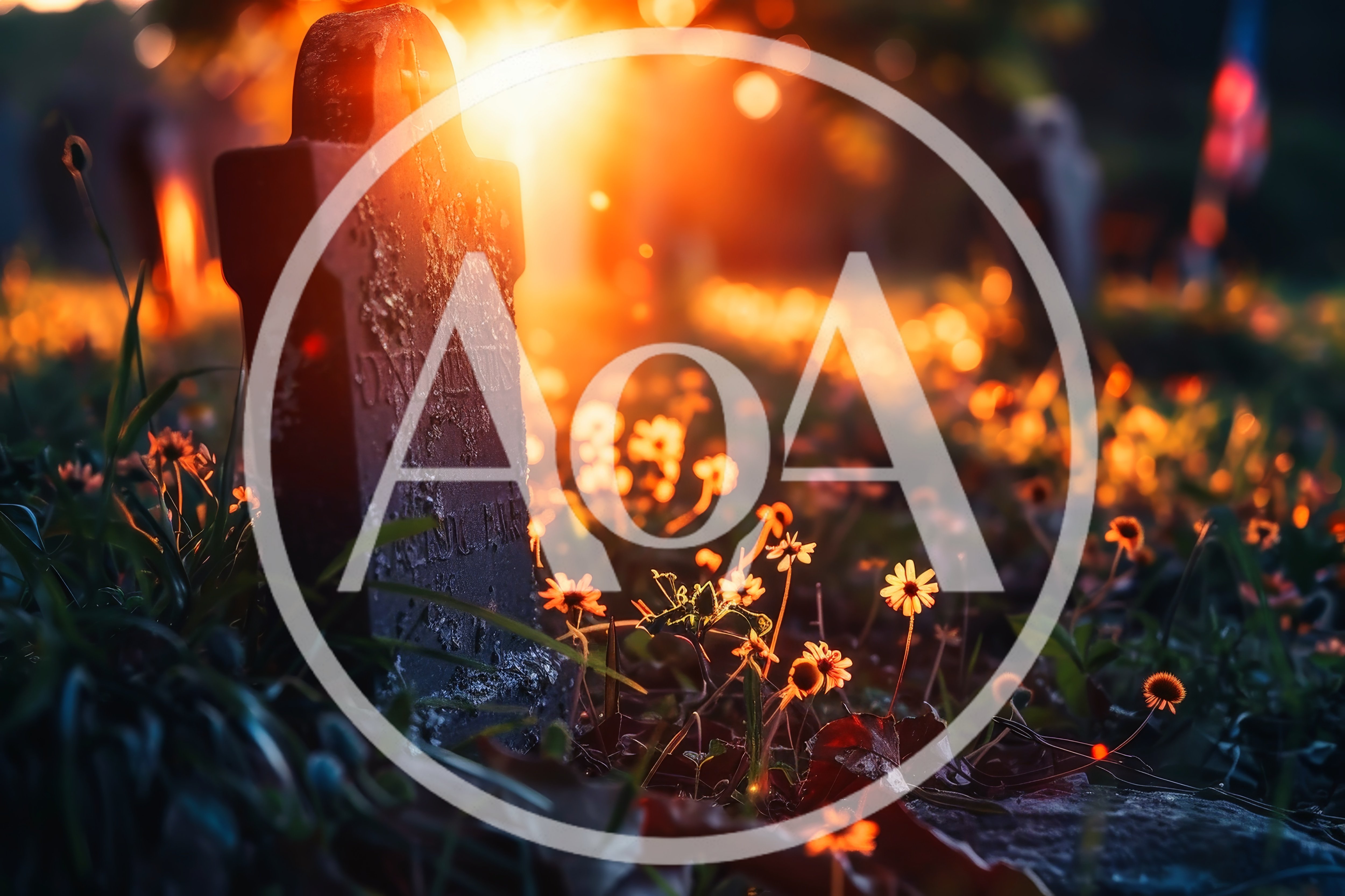 Old Gravestone Surrounded By Wildflowers At Sunset