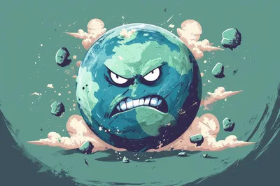 Angry Cartoon Earth Planet With Floating Debris