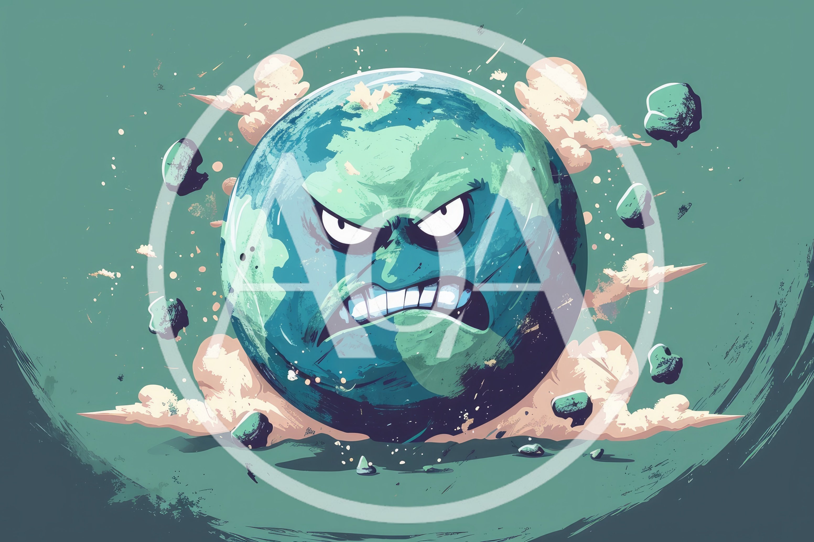 Angry Cartoon Earth Planet With Floating Debris