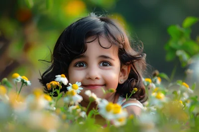 Adorable Little Girl Smiling Among Wildflowers