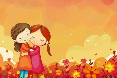 Two Young Girls Embracing In A Floral Meadow